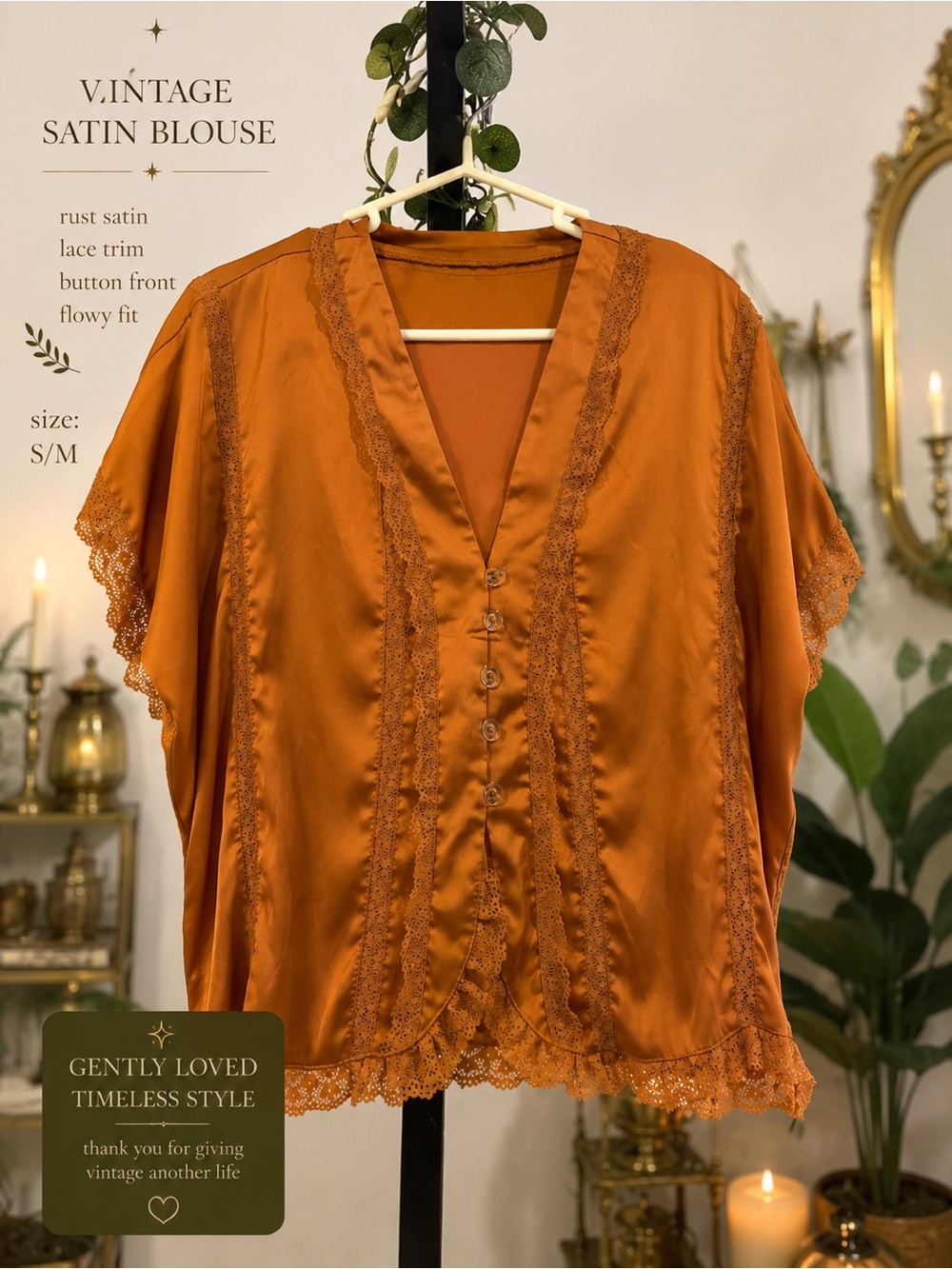 SHEIN Rust Satin Lace-Trim Button-Front Blouse